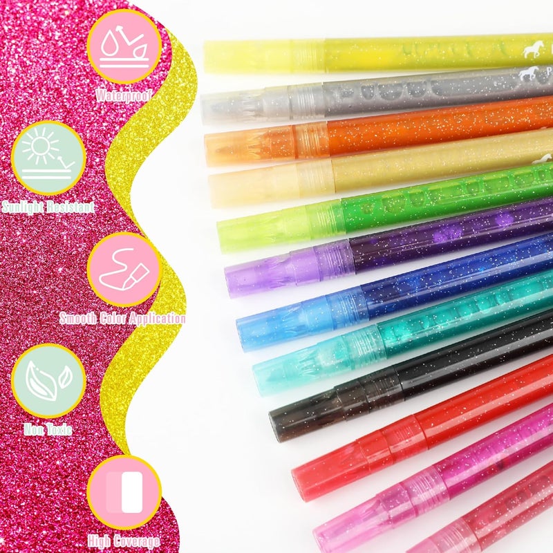 Pagather 12 Colors Glitter Markers, 0.7mm Extra Fine Tip Sparkling Acrylic Paint Pens for Crafts, Adult Coloring, and DIY Projects on Paper, Rock, Wood, Glass and Fabric - Image 2